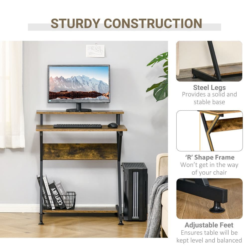 image-Computer Desk with Monitor Shelf and Storage, R Shaped Brown