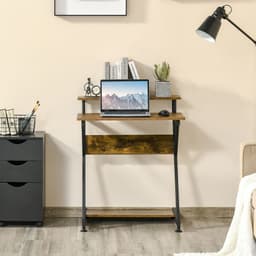 image-Computer Desk with Monitor Shelf and Storage, R Shaped Brown