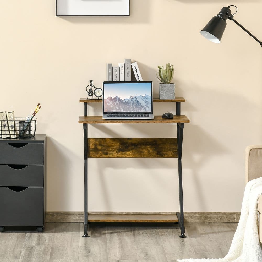 image-Computer Desk with Monitor Shelf and Storage, R Shaped Brown