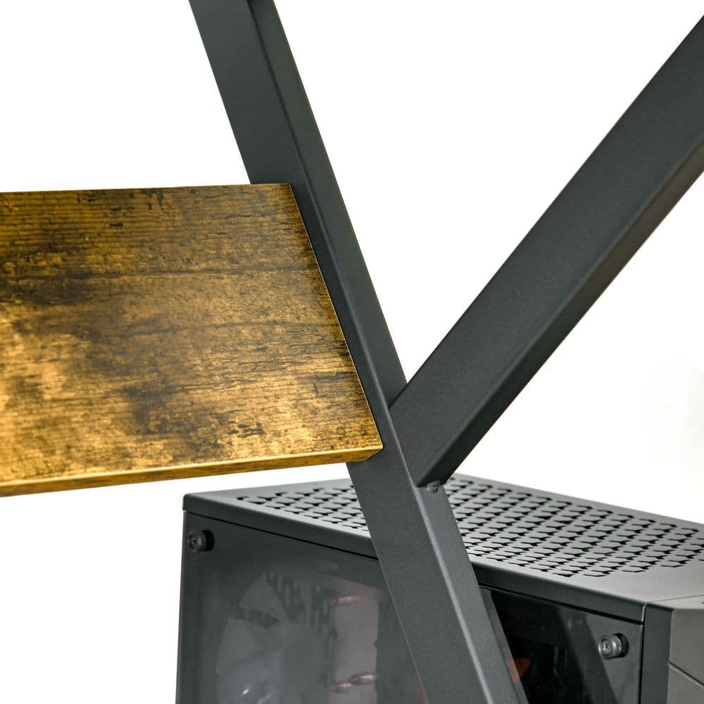 image-Computer Desk with Monitor Shelf and Storage, R Shaped Brown