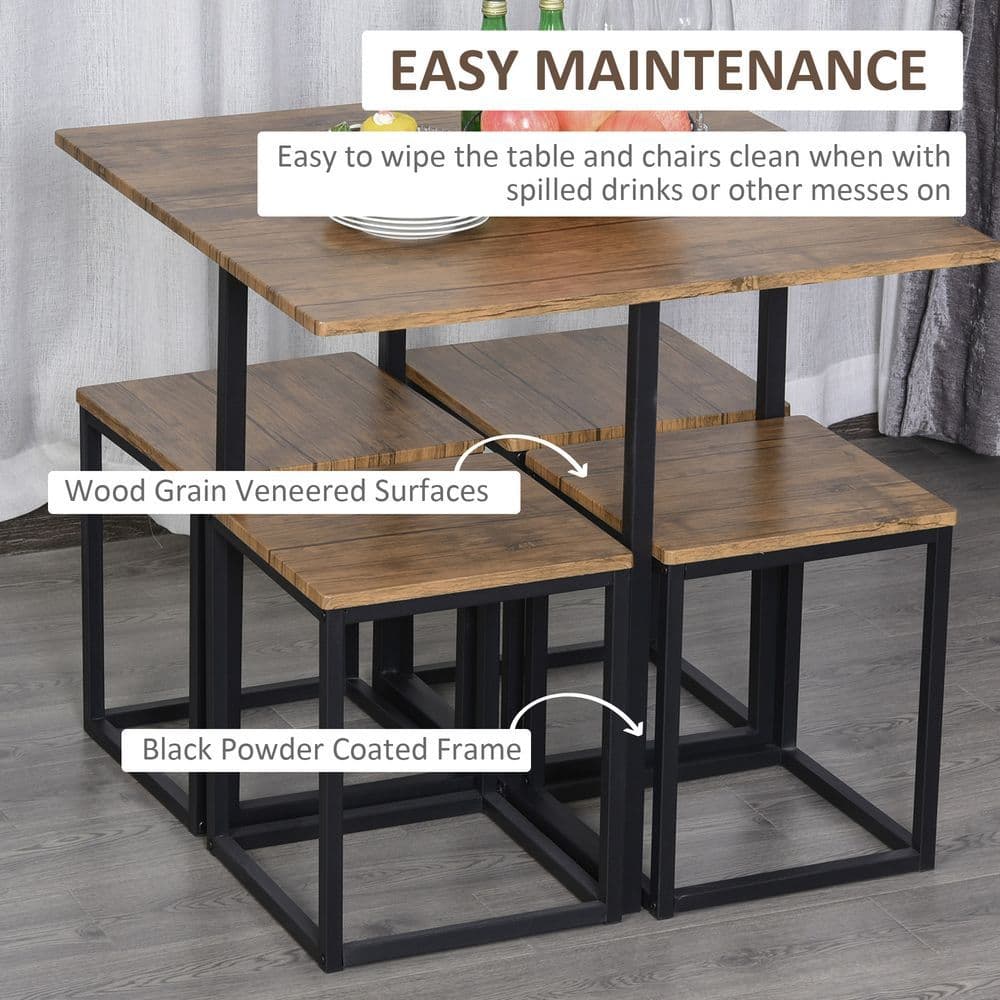image-MDF Topped Steel 5-Piece Dining Set Dining Table with 4 Stools Black/Brown