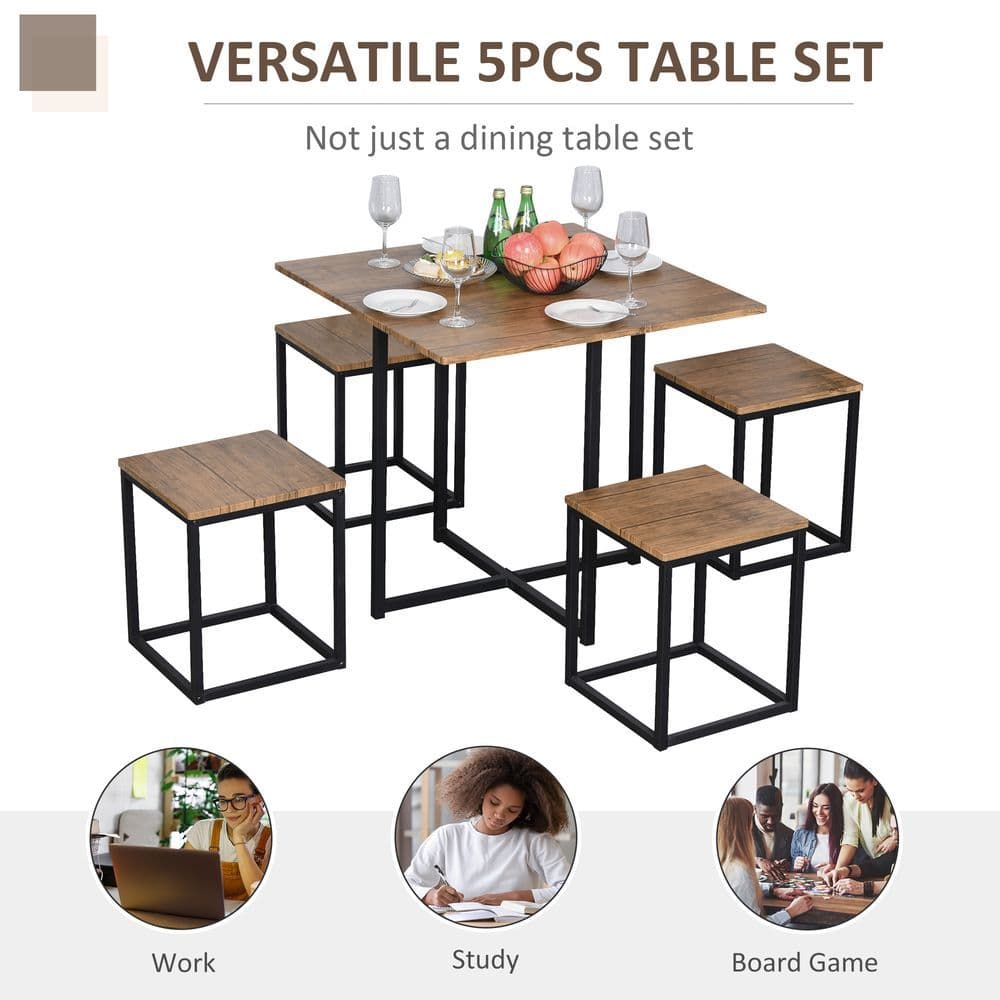 image-MDF Topped Steel 5-Piece Dining Set Dining Table with 4 Stools Black/Brown