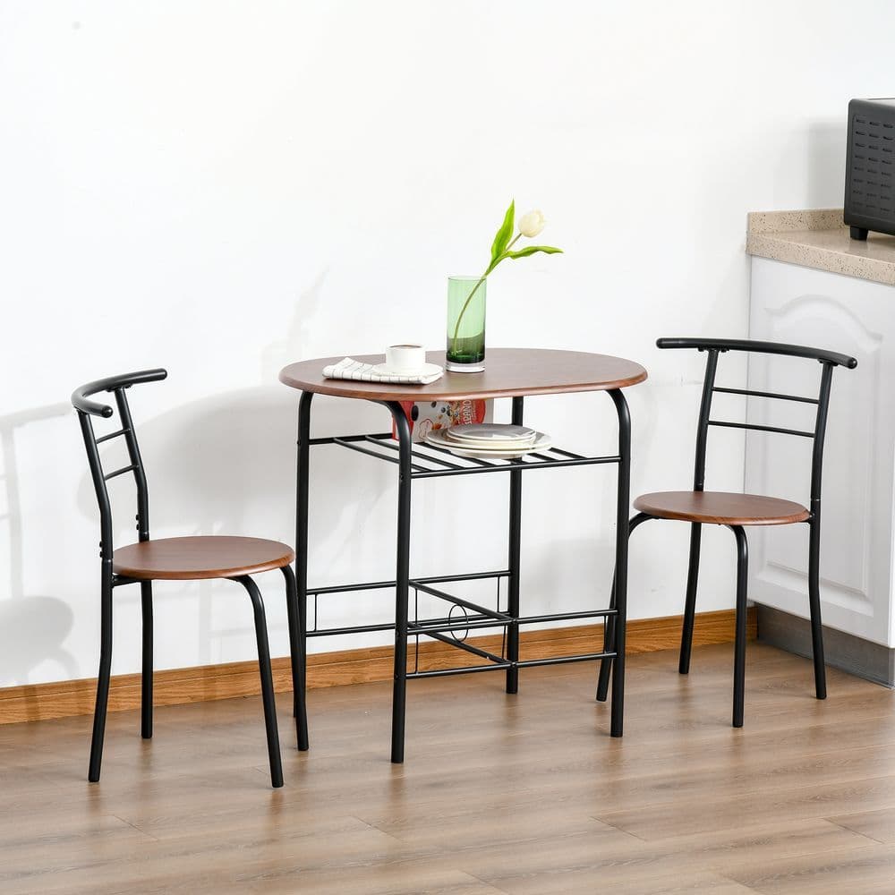 image-MDF 2-Seater Bar Stool and Table Set w/ Bottle Storage Shelf Wood Tone