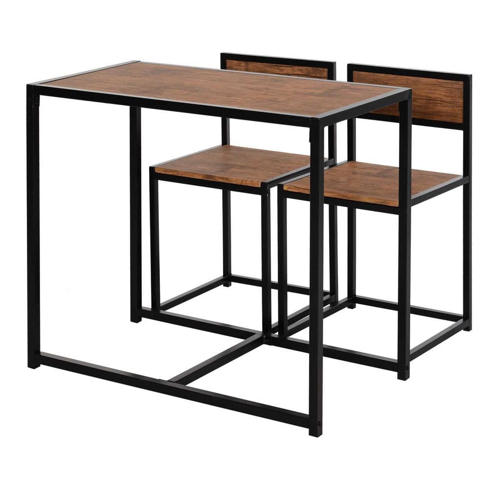 image-Steel Frame MDF 2-Seater Bar Stool and Table Set Wood Tone