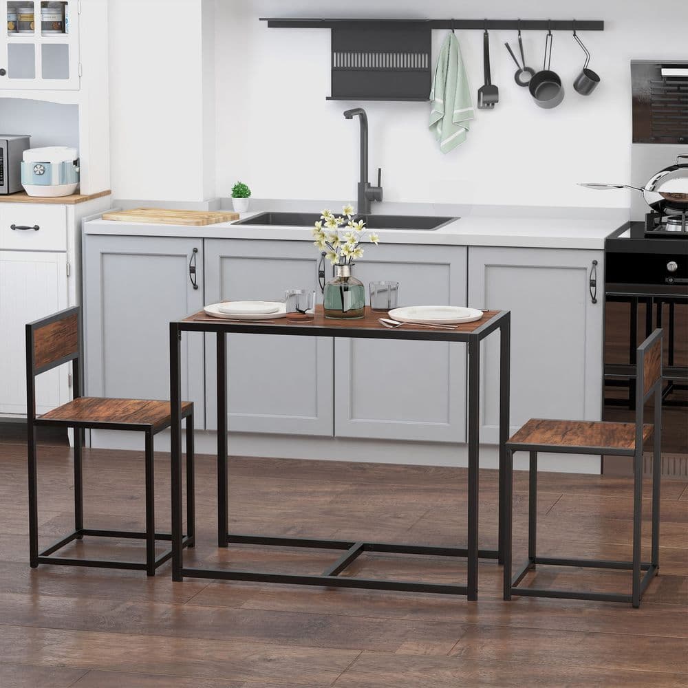 image-Steel Frame MDF 2-Seater Bar Stool and Table Set Wood Tone