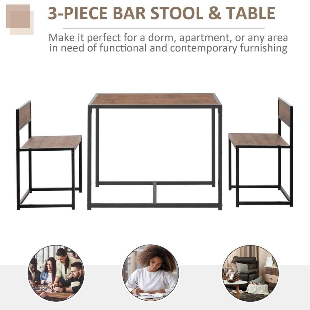 image-Steel Frame MDF 2-Seater Bar Stool and Table Set Wood Tone