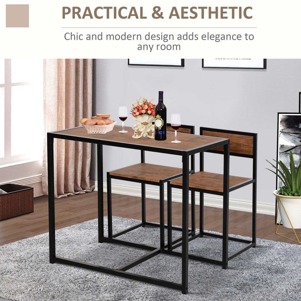 image-Steel Frame MDF 2-Seater Bar Stool and Table Set Wood Tone