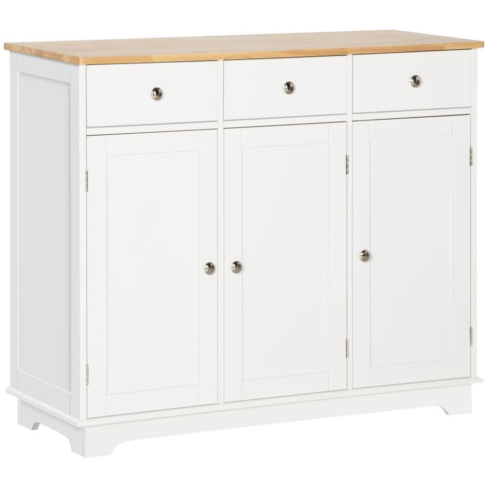 image-Sideboard with Rubberwood Top, Buffet Drawers and Adjustable Shelves White