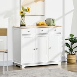 image-Sideboard with Rubberwood Top, Buffet Drawers and Adjustable Shelves White