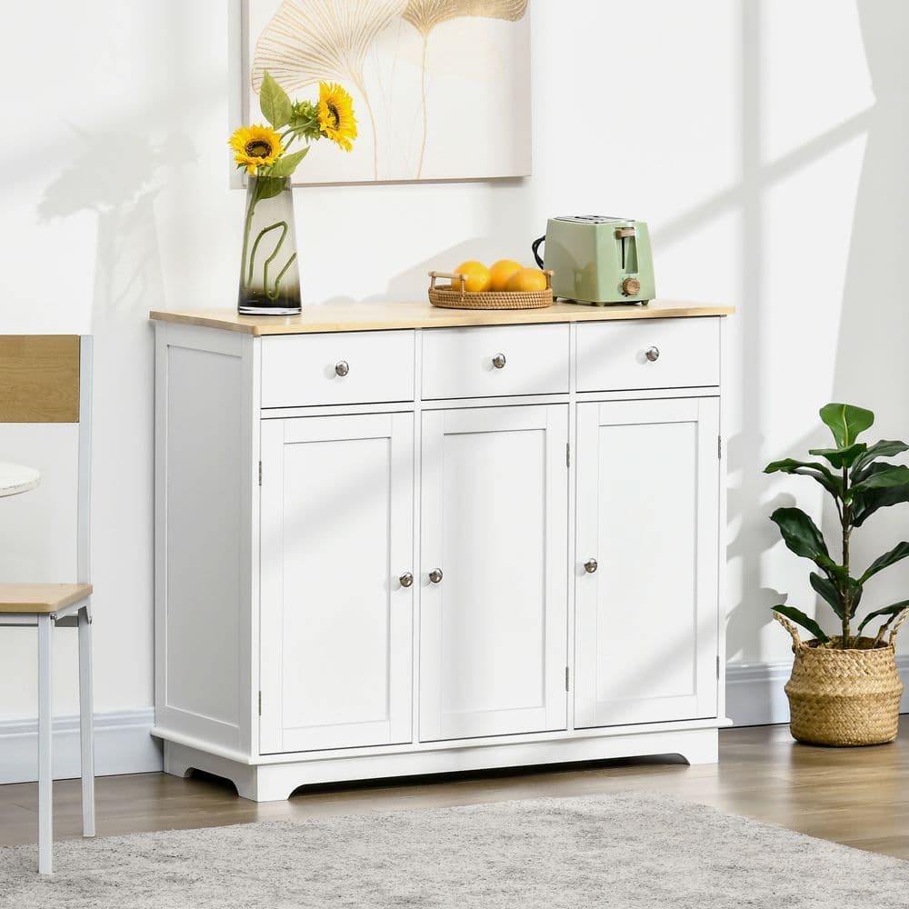 image-Sideboard with Rubberwood Top, Buffet Drawers and Adjustable Shelves White