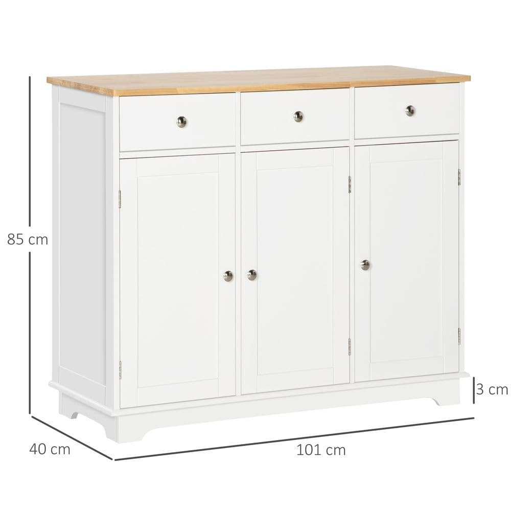 image-Sideboard with Rubberwood Top, Buffet Drawers and Adjustable Shelves White