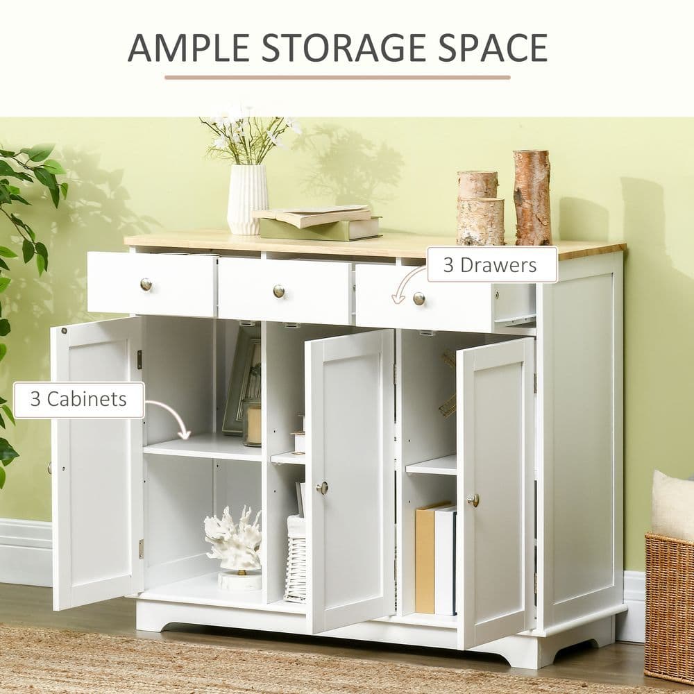 image-Sideboard with Rubberwood Top, Buffet Drawers and Adjustable Shelves White