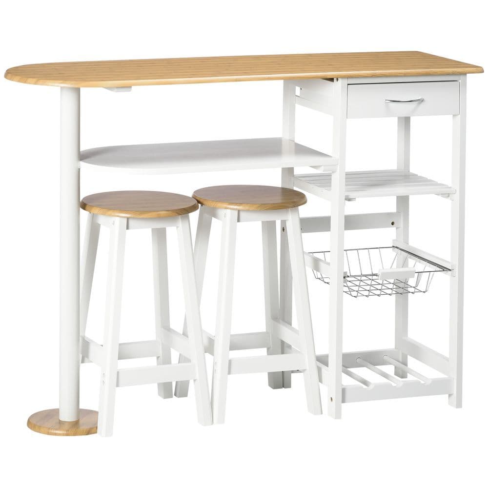 image-3 Piece Bar Table Set, Breakfast and Stools Wine Rack Natural White