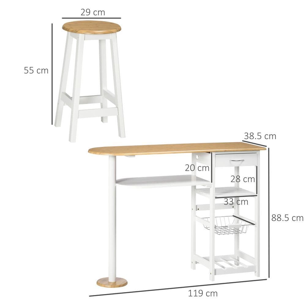 image-3 Piece Bar Table Set, Breakfast and Stools Wine Rack Natural White