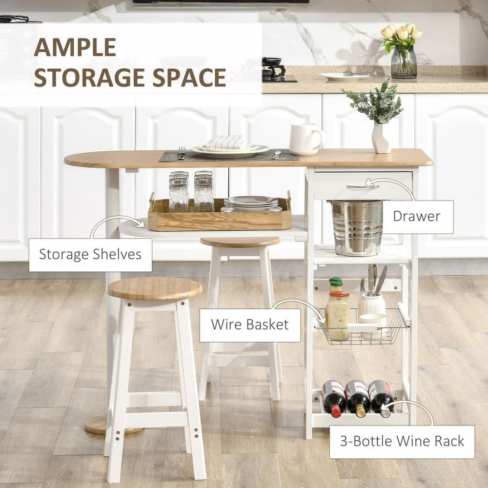 image-3 Piece Bar Table Set, Breakfast and Stools Wine Rack Natural White