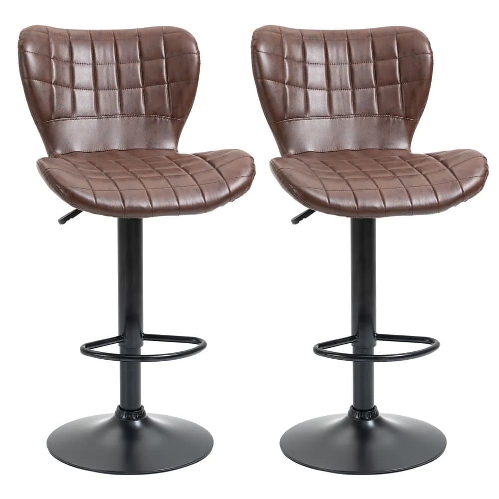 image-Set of 2 Adjustable Height Swivel Bar Chairs in PU Leather with Backrest Brown