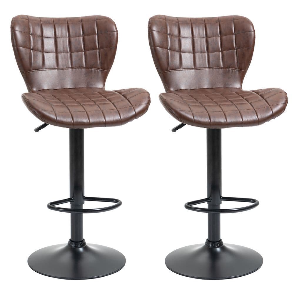 image-Set of 2 Adjustable Height Swivel Bar Chairs in PU Leather with Backrest Brown