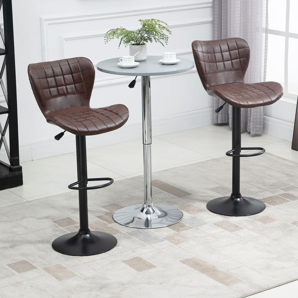 image-Set of 2 Adjustable Height Swivel Bar Chairs in PU Leather with Backrest Brown