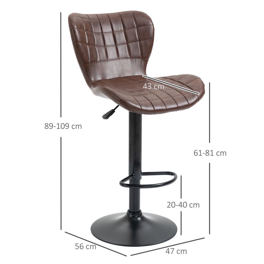 image-Set of 2 Adjustable Height Swivel Bar Chairs in PU Leather with Backrest Brown