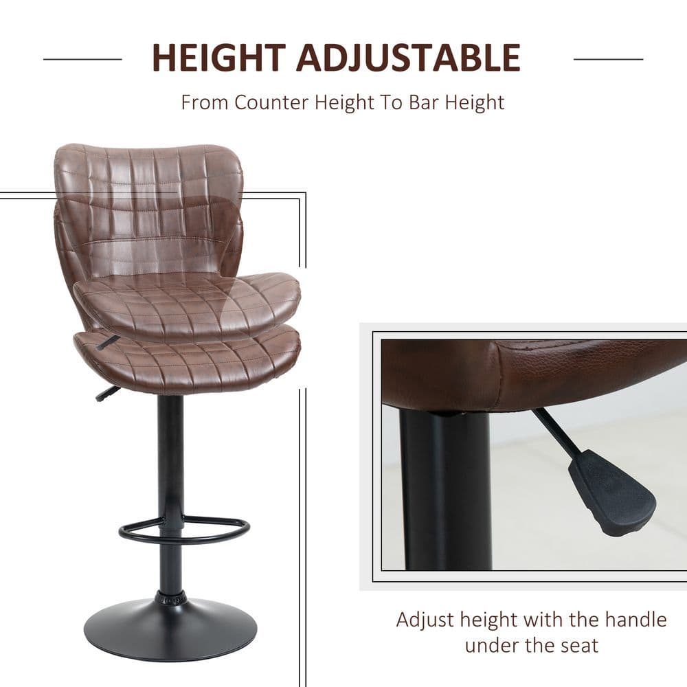 image-Set of 2 Adjustable Height Swivel Bar Chairs in PU Leather with Backrest Brown