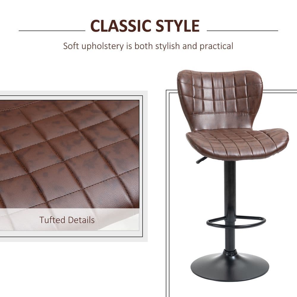 image-Set of 2 Adjustable Height Swivel Bar Chairs in PU Leather with Backrest Brown