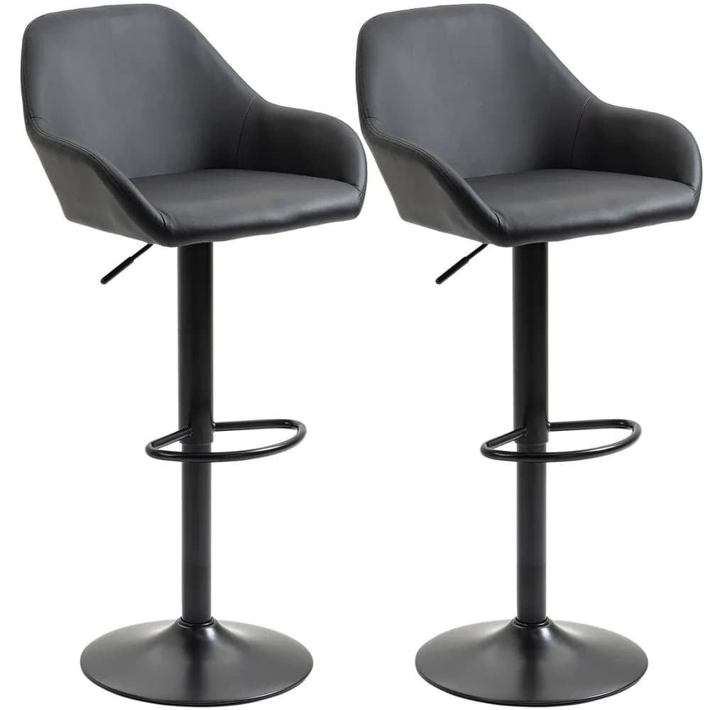 image-Set of 2, Swivel Barstools with Footrest and Backrest, PU Leather Black
