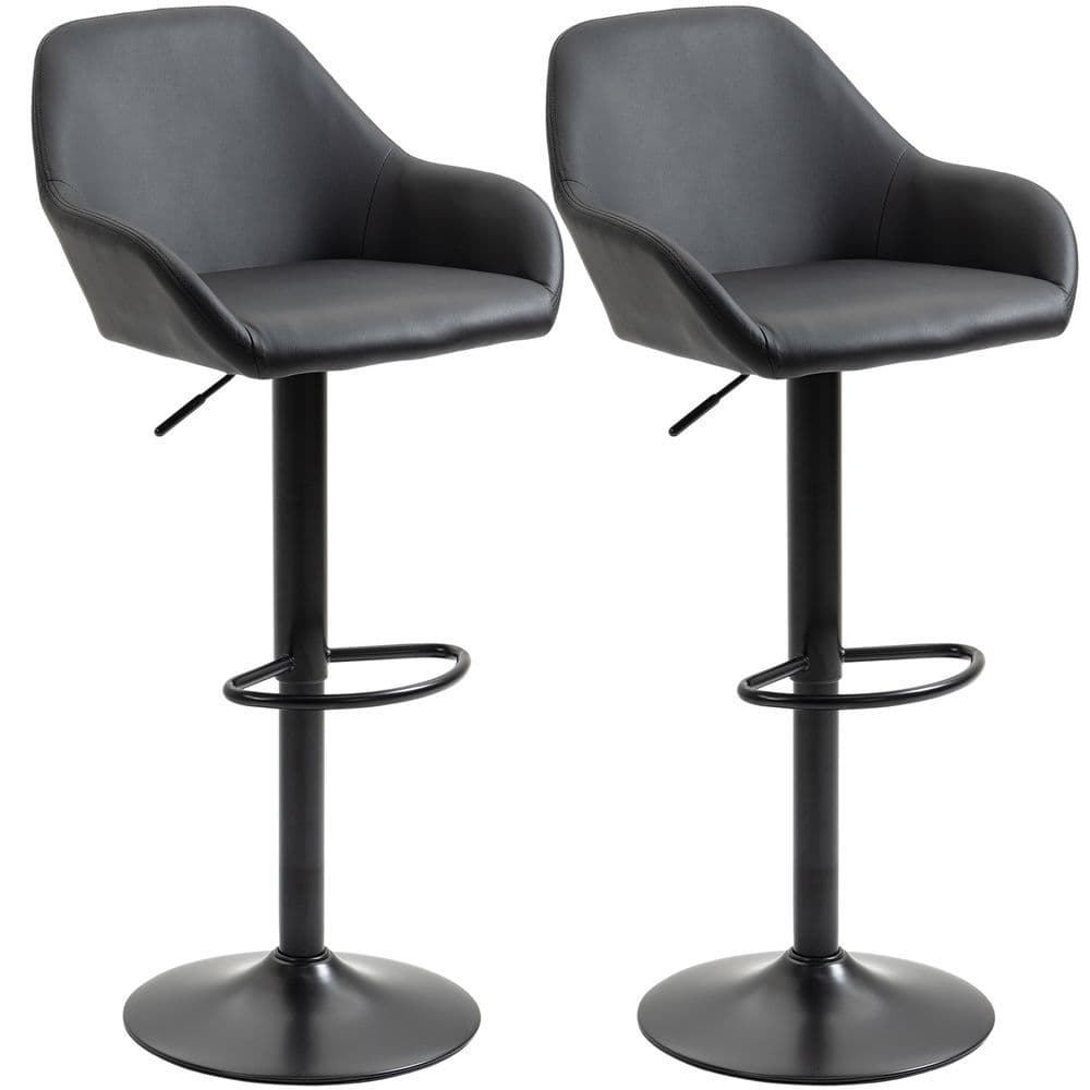 image-Set of 2, Swivel Barstools with Footrest and Backrest, PU Leather Black