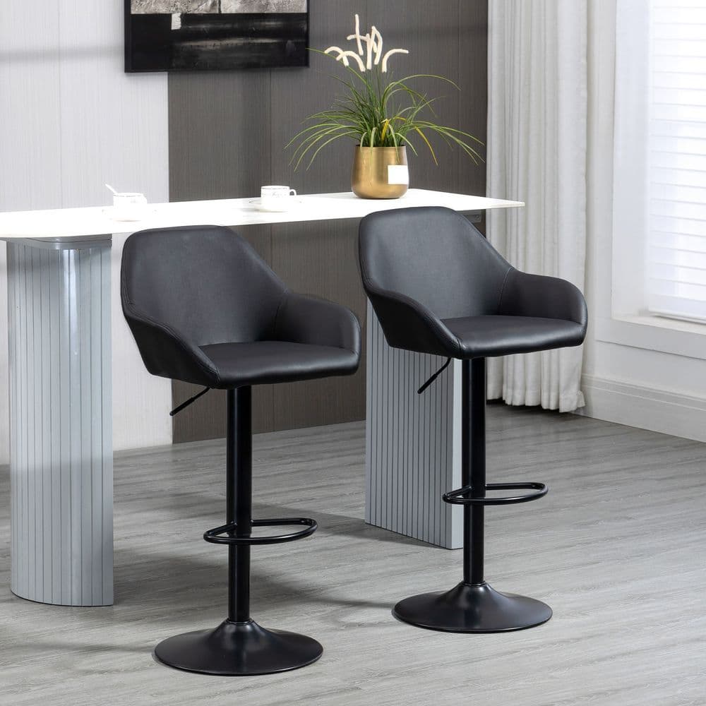 image-Set of 2, Swivel Barstools with Footrest and Backrest, PU Leather Black