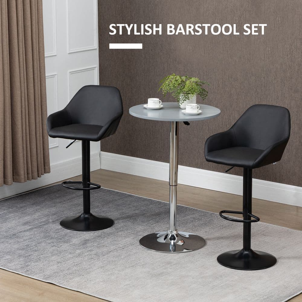 image-Set of 2, Swivel Barstools with Footrest and Backrest, PU Leather Black