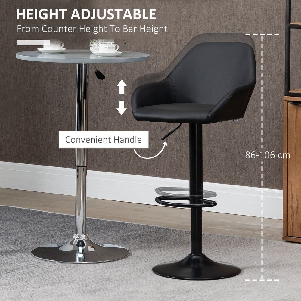 image-Set of 2, Swivel Barstools with Footrest and Backrest, PU Leather Black