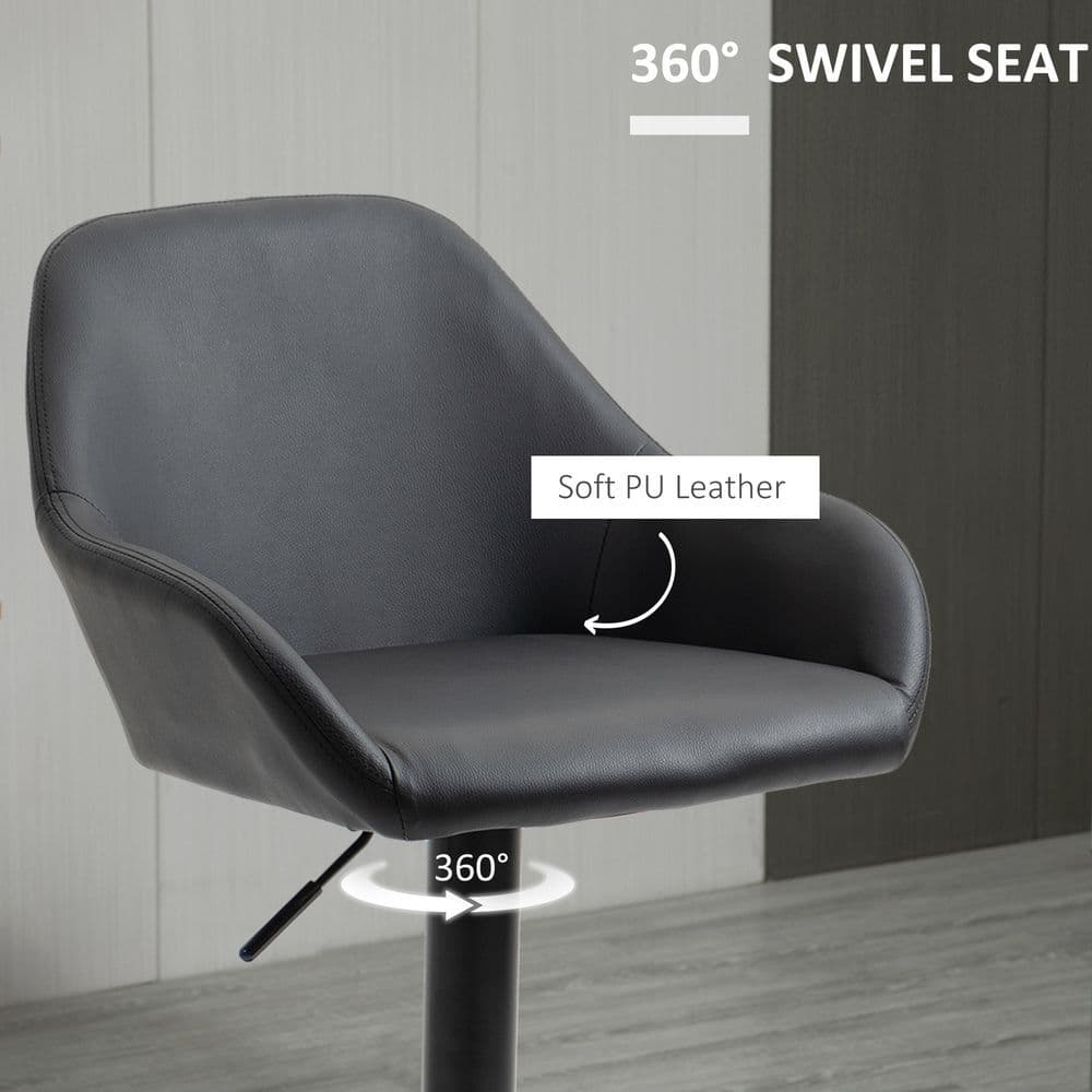image-Set of 2, Swivel Barstools with Footrest and Backrest, PU Leather Black