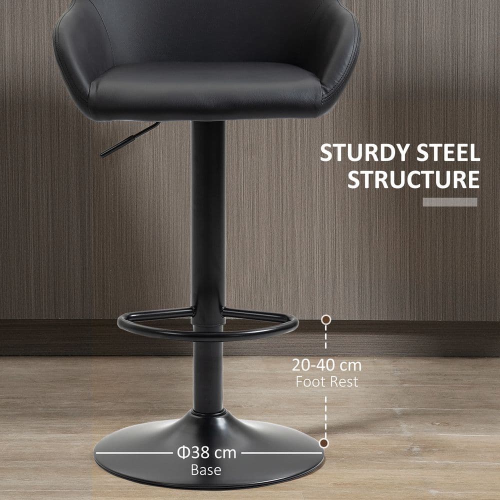 image-Set of 2, Swivel Barstools with Footrest and Backrest, PU Leather Black