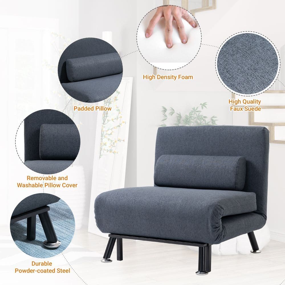 image-Faux Suede 5-Position Futon Single Sofa Bed Black