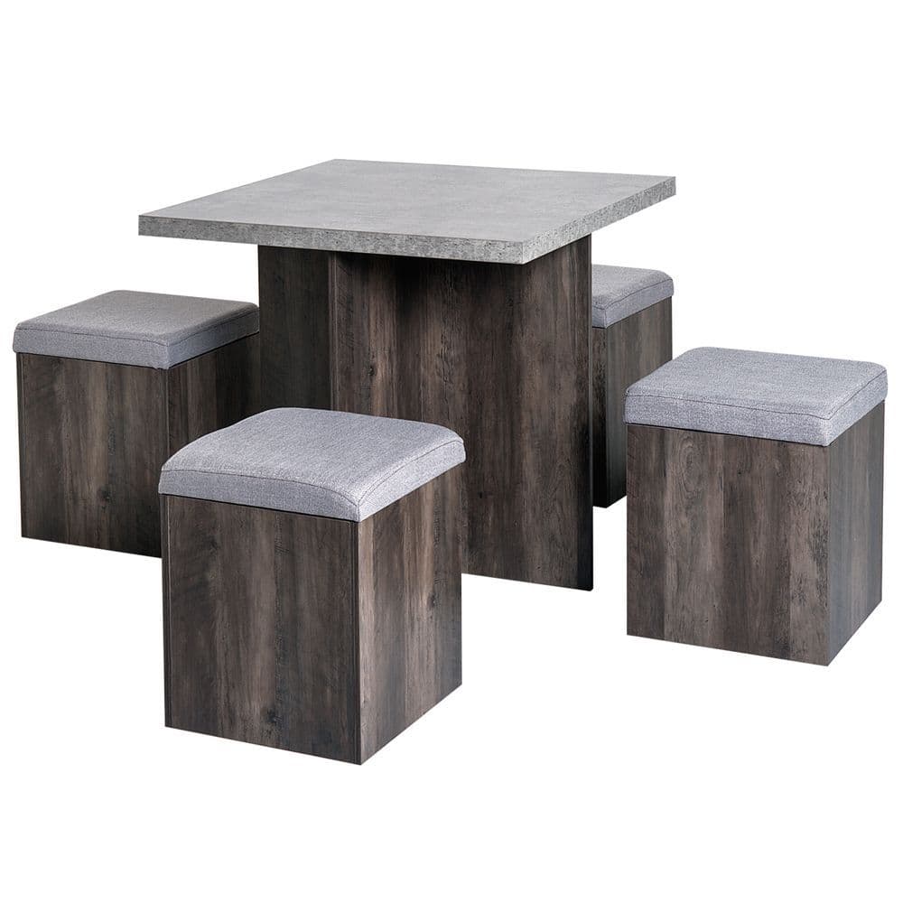 image-5Pcs Garden Wooden Dining Table Set Particle Removable Lid Board Chair Seat-Grey