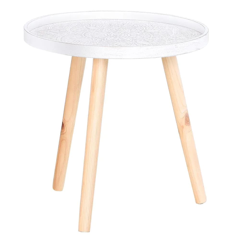 image-Pine Wood Floral Etched Side Table w/ Saucer Top White