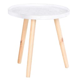 image-Pine Wood Floral Etched Side Table w/ Saucer Top White