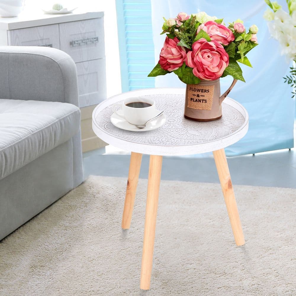 image-Pine Wood Floral Etched Side Table w/ Saucer Top White