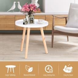 image-Pine Wood Floral Etched Side Table w/ Saucer Top White