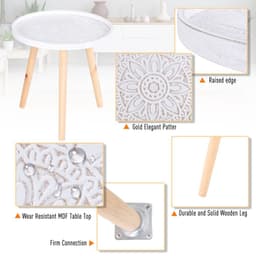 image-Pine Wood Floral Etched Side Table w/ Saucer Top White