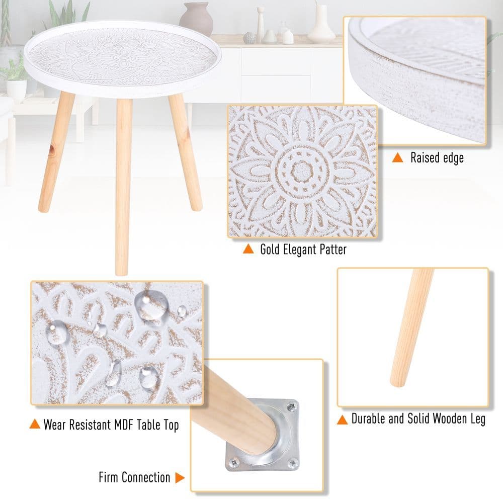 image-Pine Wood Floral Etched Side Table w/ Saucer Top White