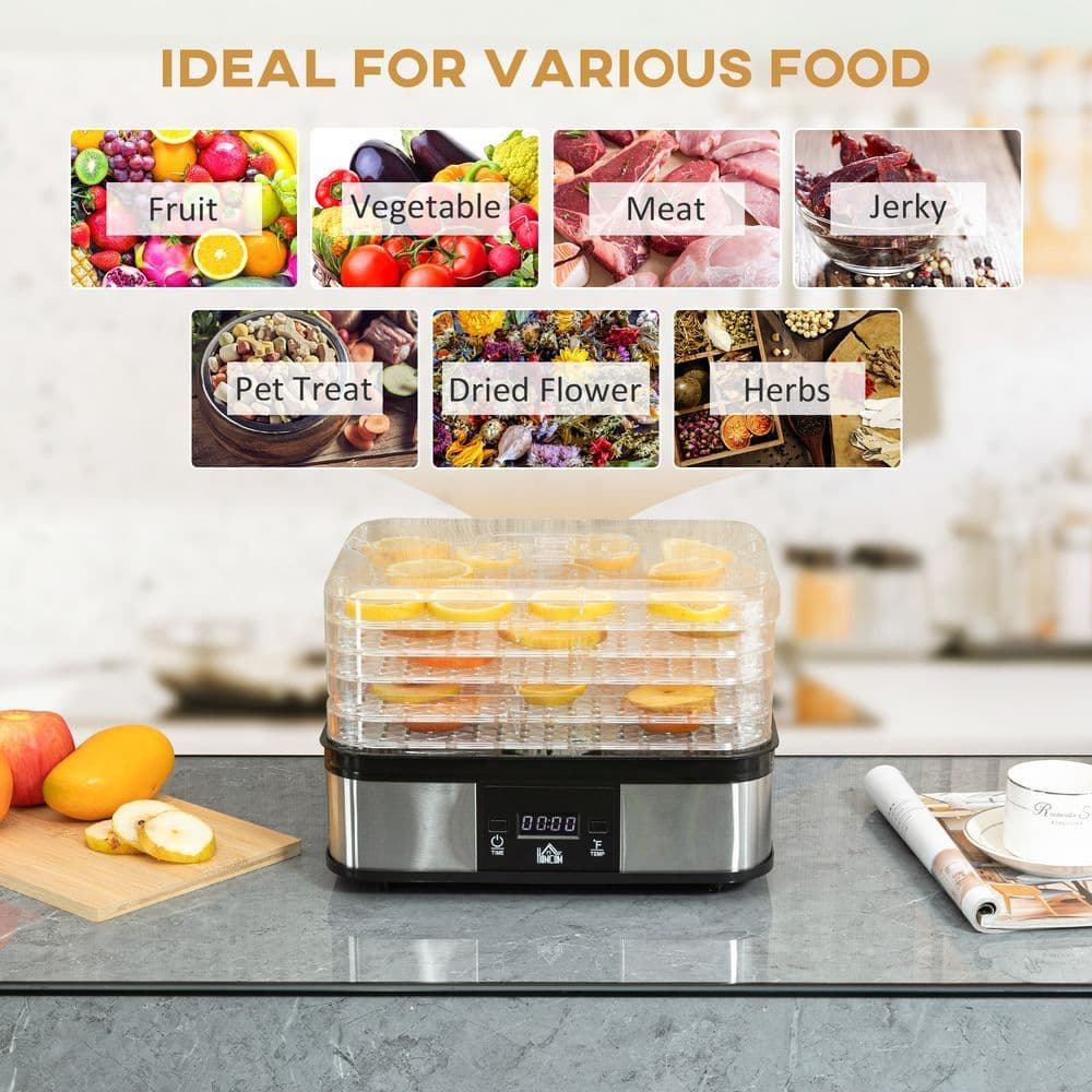 image-5 Tier Food Dehydrator 245W Stainless Steel Food Dryer Machine Timer LCD Silver