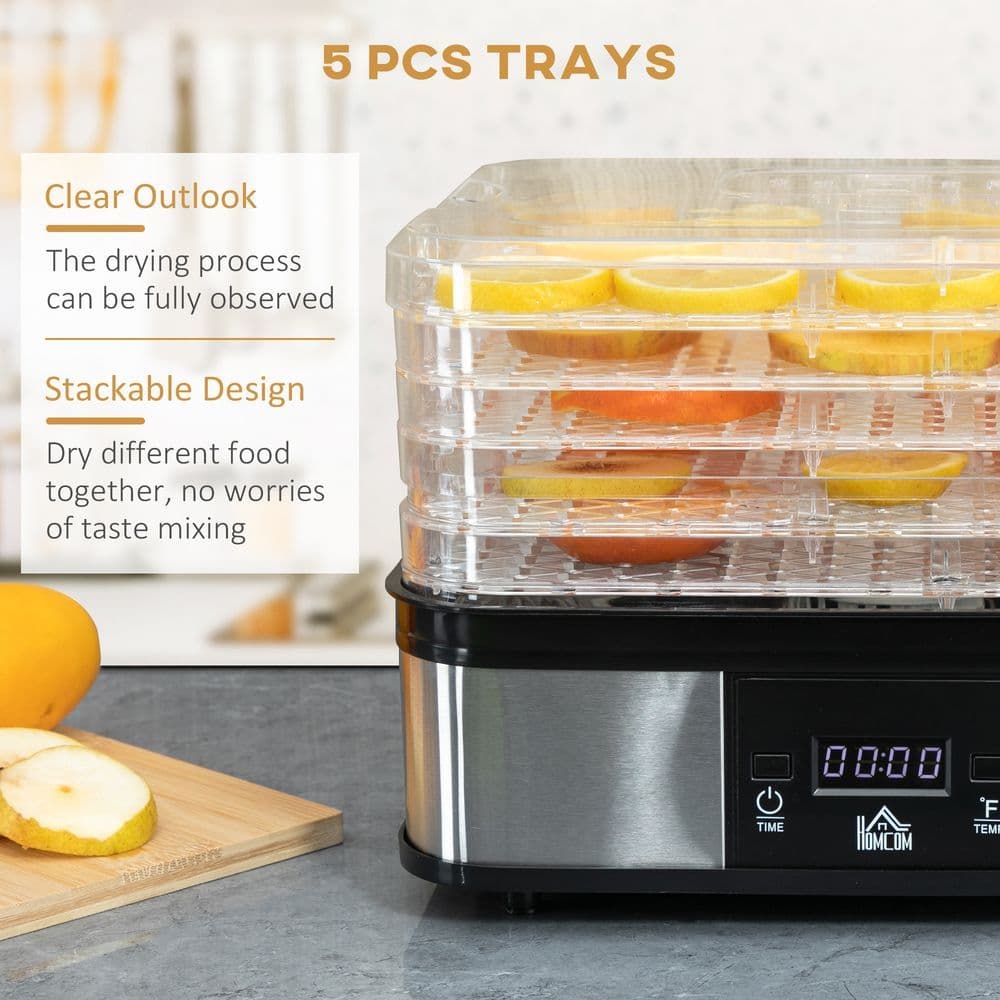 image-5 Tier Food Dehydrator 245W Stainless Steel Food Dryer Machine Timer LCD Silver