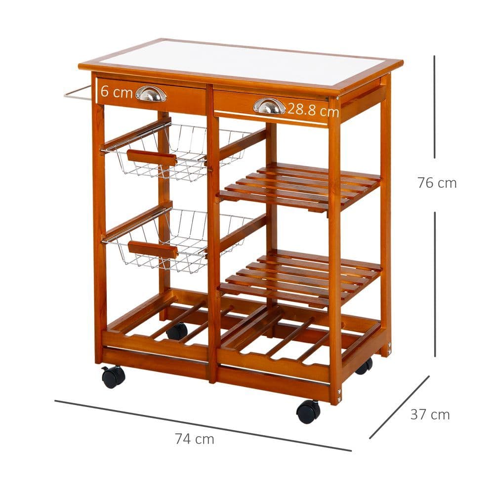 image-Wooden Kitchen Trolley Tile Top W/6-Bottle Wine Rack Island Butcher