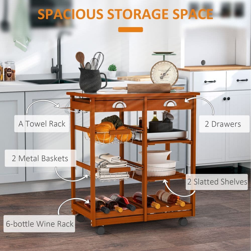 image-Wooden Kitchen Trolley Tile Top W/6-Bottle Wine Rack Island Butcher