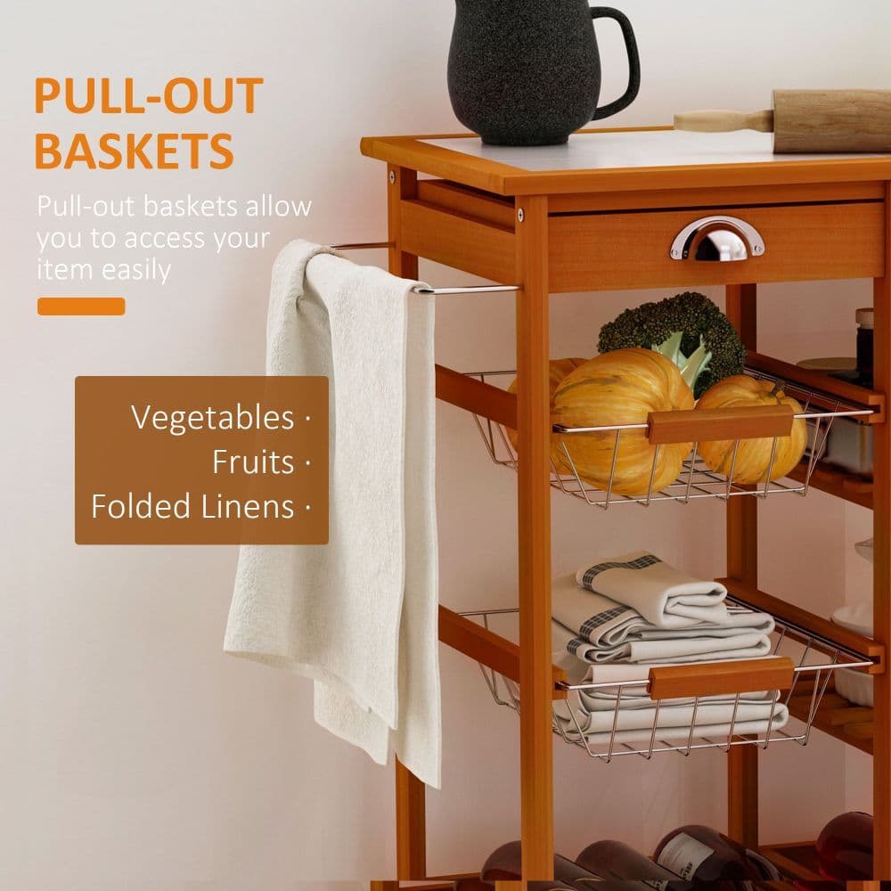 image-Wooden Kitchen Trolley Tile Top W/6-Bottle Wine Rack Island Butcher