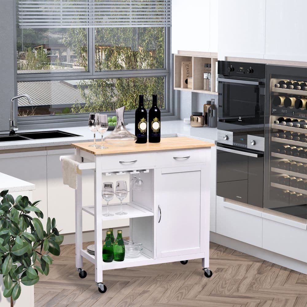 image-Kitchen Island W/2 Drawers-White/Natural Wood Colour