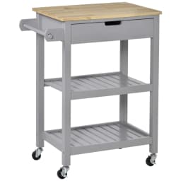 image-Kitchen Trolley Utility Cart on Wheels with Rubberwood Worktop Towel Rack