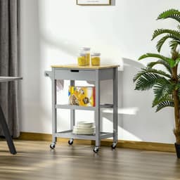 image-Kitchen Trolley Utility Cart on Wheels with Rubberwood Worktop Towel Rack