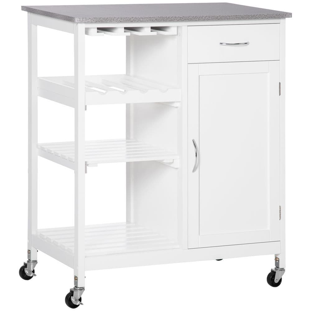 image-Kitchen Trolley Utility Cart on Wheels with Wine Rack, Drawer, Open Shelf White