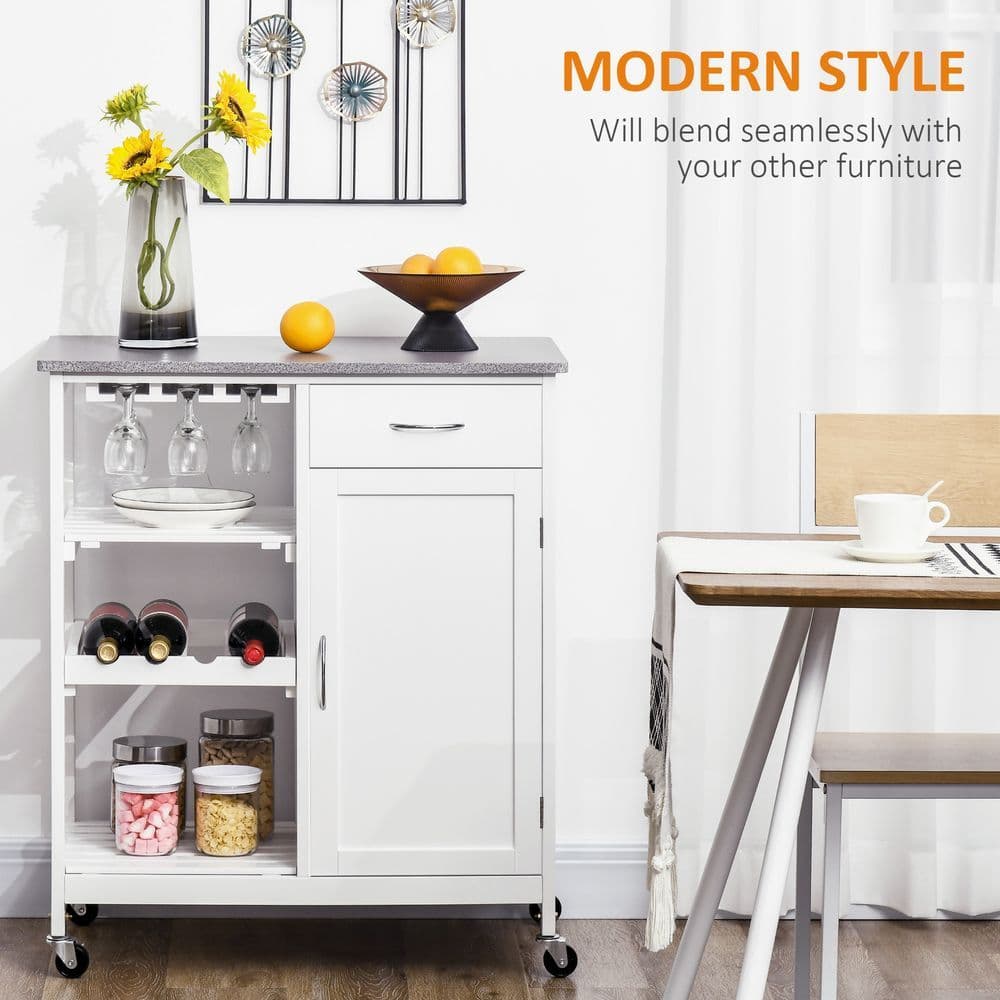 image-Kitchen Trolley Utility Cart on Wheels with Wine Rack, Drawer, Open Shelf White